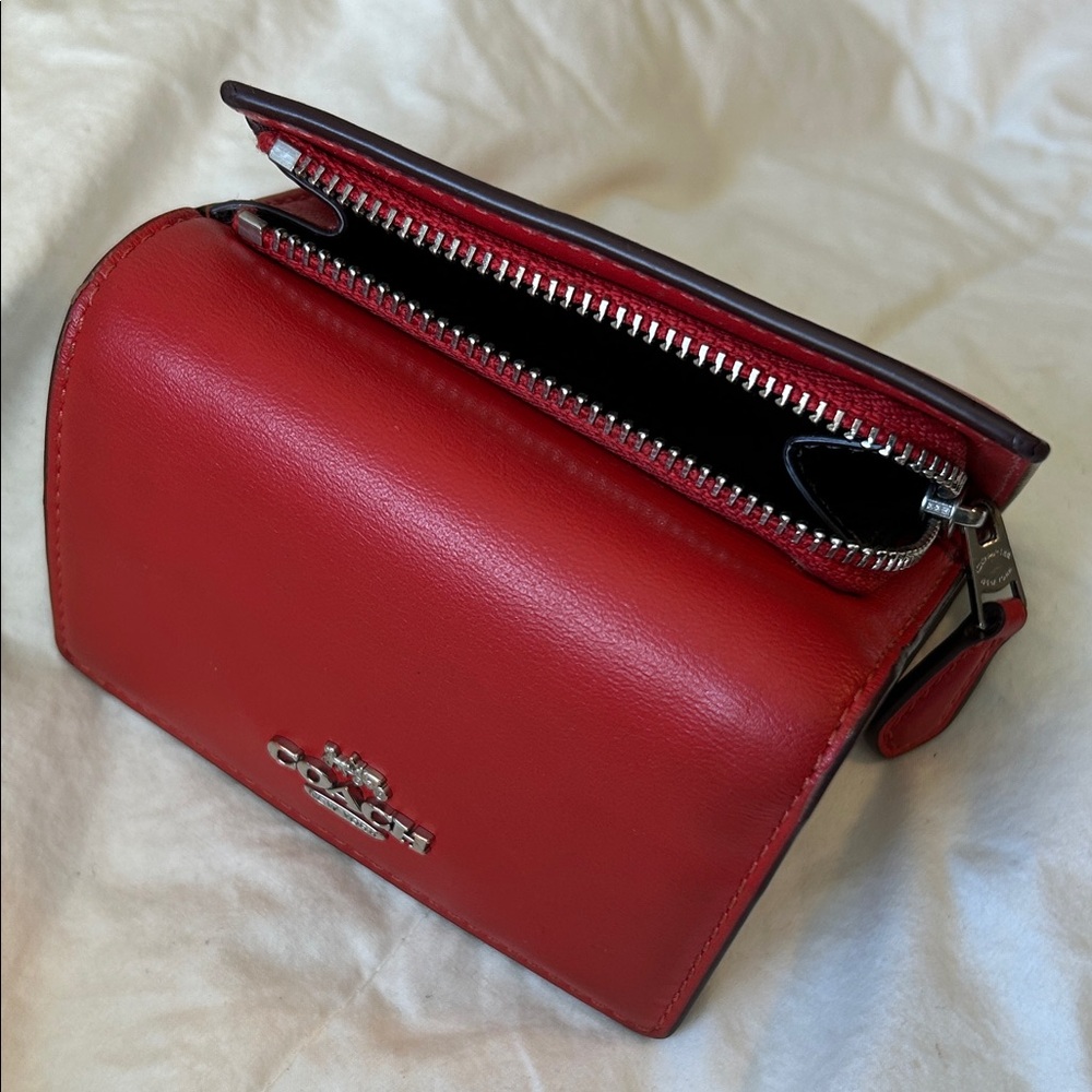 Coach Red Leather Small Trifold Wallet with Silver Logo